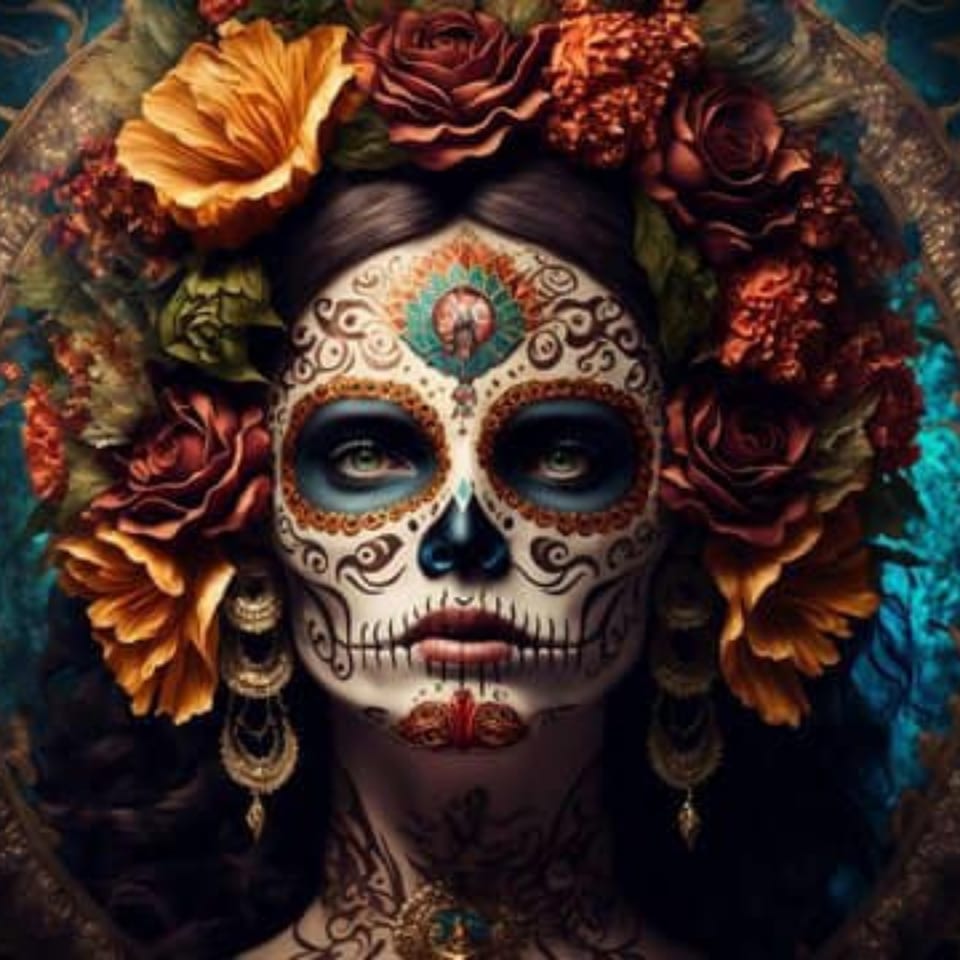 A woman with intricate Day of the Dead sugar skull makeup and a crown of colorful flowers.